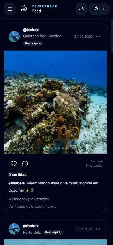 Feed social de mergulhos do DiverTrack