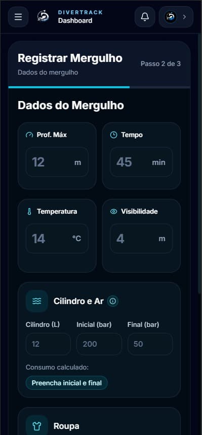 Tela de registrar mergulho no DiverTrack